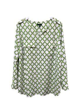 C Wonder Geo Print Blouse Plus Size 18W Long Sleeve Green Womens Top NWOT